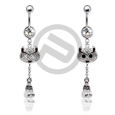 316L Surgical Steel Belly Button Navel Ring Bar with CZ Head Owl Dangle - Pierced Universe
