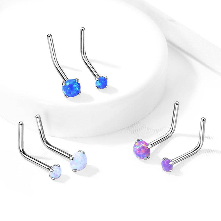 316L Surgical Steel Bent L Shape Nose Ring Stud with Purple Opal Gem - Pierced Universe