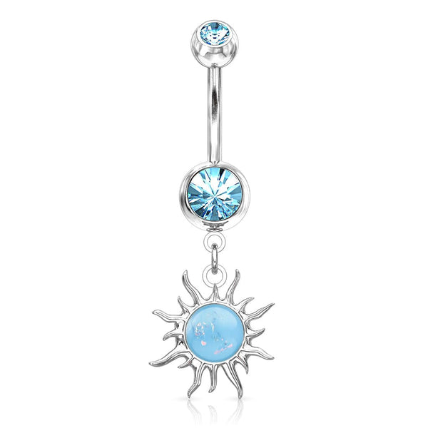 316L Surgical Steel Blue Glitter Opal Tribal Sun Belly Button Ring - Pierced Universe