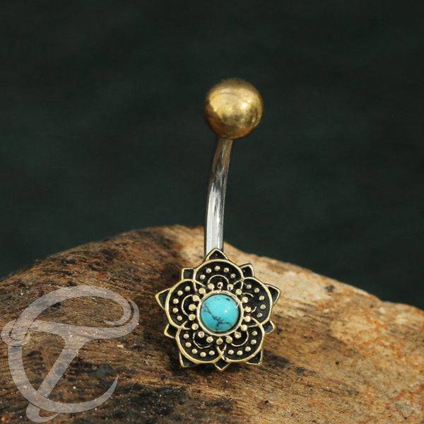 316L Surgical Steel & Brass Turquoise Lotus Flower Belly Ring - Pierced Universe