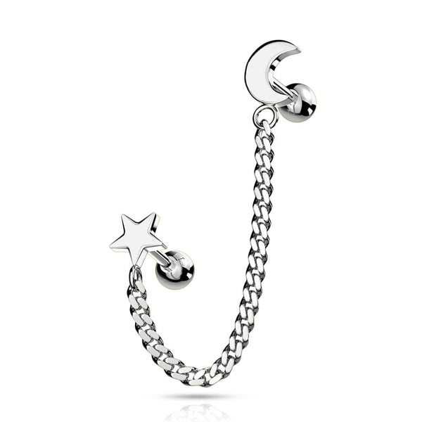 316L Surgical Steel Crescent Moon & Star Chain Link Barbell Studs 316L Surgical Steel Crescent Moon & Star Chain Link Barbell Studs