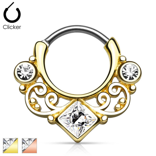 316L Surgical Steel Curved Septum Ring Clicker with Lace and CZ Gems - Pierced Universe