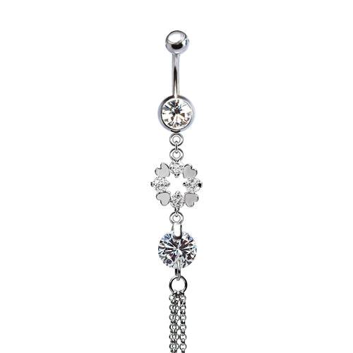 316L Surgical Steel CZ Gem Clover Dangle Belly Ring - Pierced Universe