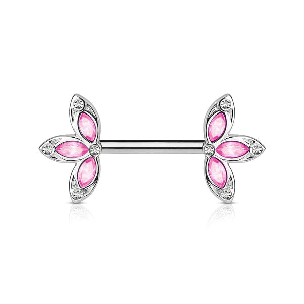 316L Surgical Steel CZ Petal Nipple Ring Barbell with Pink CZ - Pierced Universe