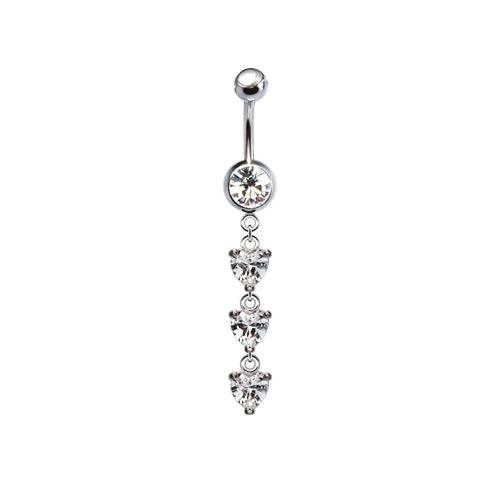 316L Surgical Steel Dainty Triple Heart CZ Dangle Belly Ring - Pierced Universe