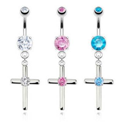 316L Surgical Steel Dangling Centre CZ Religious Cross Belly Button Navel Ring - Pierced Universe