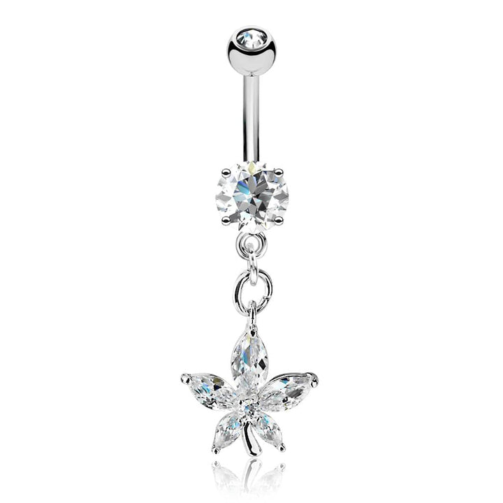 316L Surgical Steel Dangling Petal Flower White CZ Belly Ring - Pierced Universe