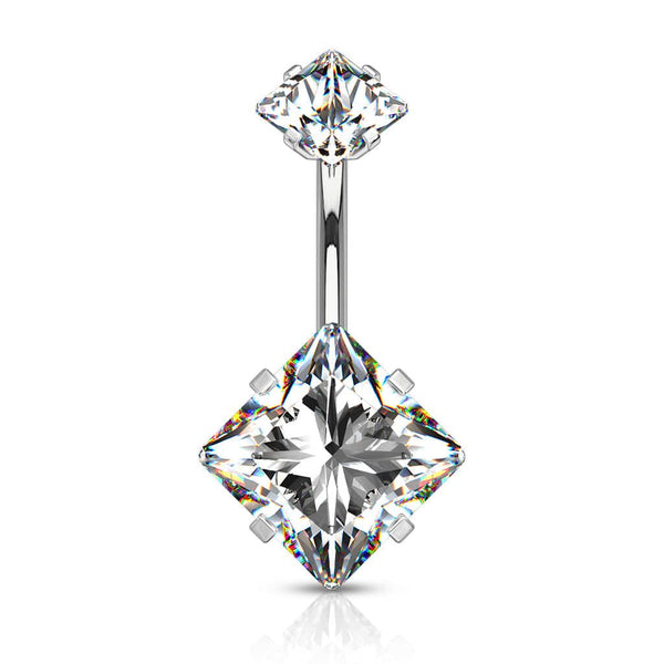 316L Surgical Steel Double Square White CZ Gem Belly Button Ring - Pierced Universe