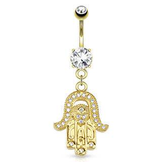 316L Surgical Steel Gold Plated Hand Of Fatima Hamsa Dangle Belly Ring - Pierced Universe