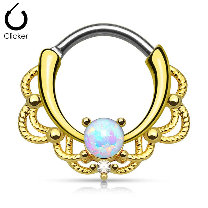 316L Surgical Steel Gold Plated Hinged Opal Stone Lace Septum Clicker Ring - Pierced Universe