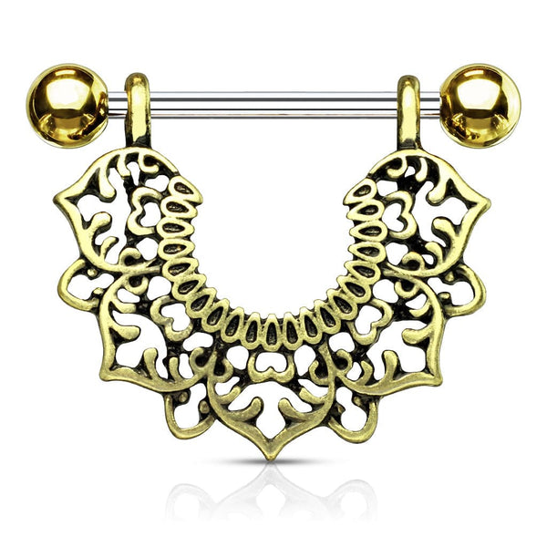 316L Surgical Steel Gold Plated Vintage Boho Lotus Nipple Shield Barbell - Pierced Universe
