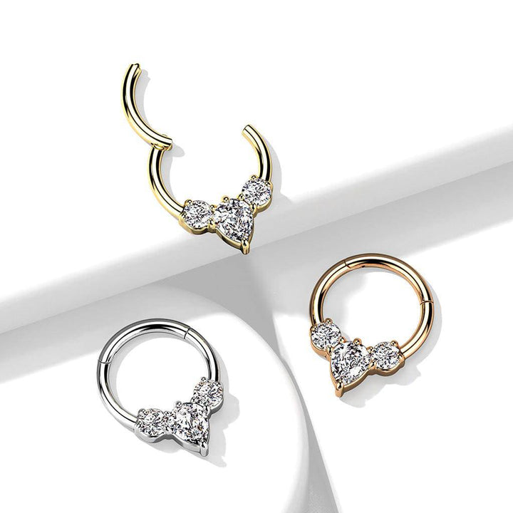 316L Surgical Steel Gold PVD 3 White CZ Gem Teardrop Dainty Septum Ring Hinged Clicker Hoop - Pierced Universe