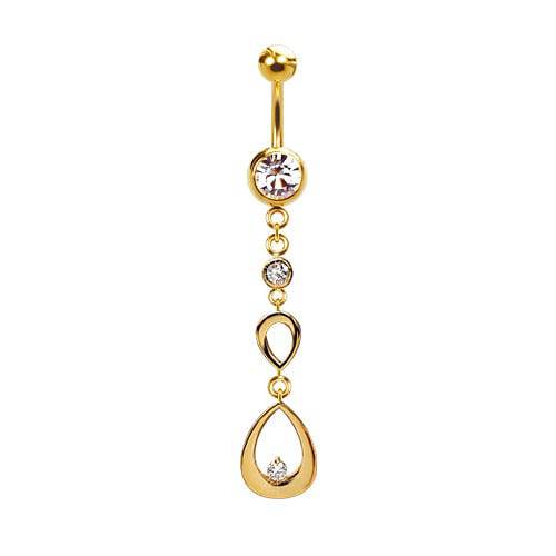 316L Surgical Steel Gold PVD Ascending Double Teardrop CZ Gem Dangle Belly Ring - Pierced Universe