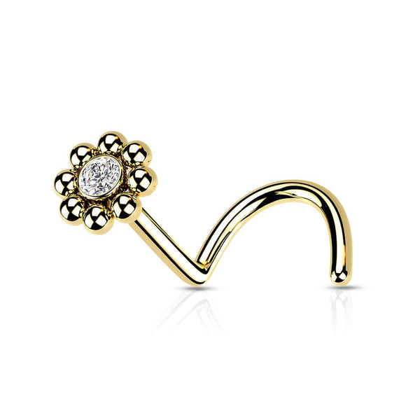 316L Surgical Steel Ball White CZ Gem Flower Corkscrew Nose Ring Stud 316L Surgical Steel Ball White CZ Gem Flower Corkscrew Nose Ring Stud