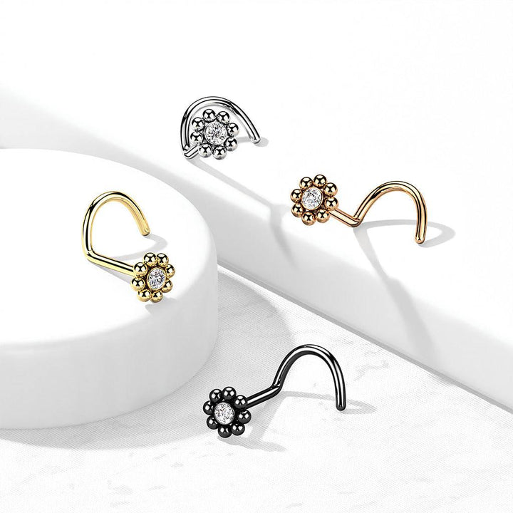 316L Surgical Steel Gold PVD Ball White CZ Gem Flower Corkscrew Nose Ring Stud - Pierced Universe