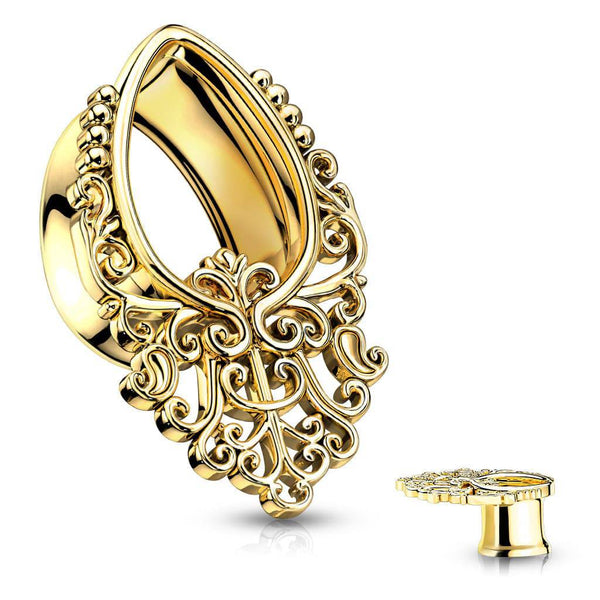 316L Surgical Steel Gold PVD Filigree Teardrop Shaped Double Flared Tunnels - Pierced Universe