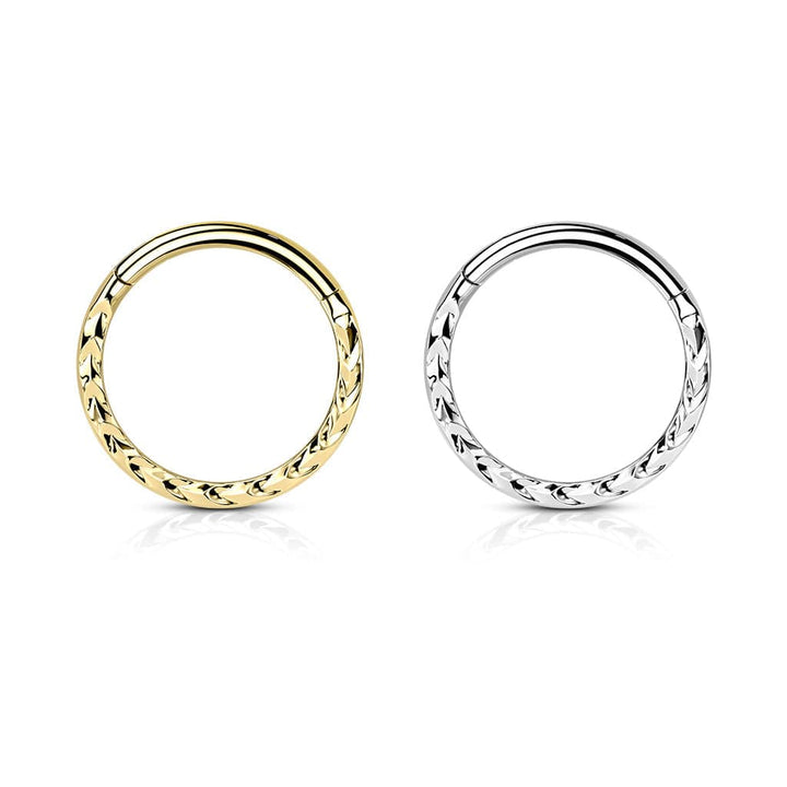 316L Surgical Steel Gold PVD Ridged Braided Design Hinged Hoop Septum Clicker Ring - Pierced Universe