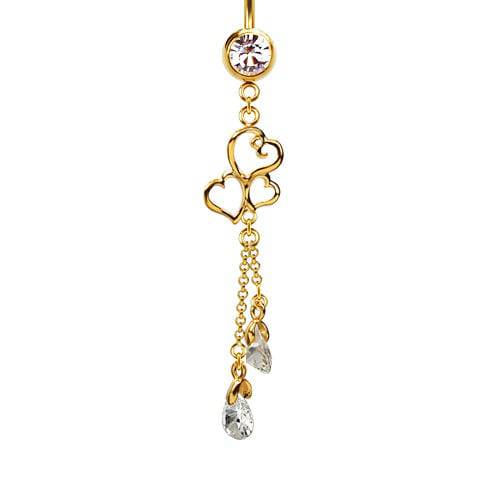 316L Surgical Steel Gold PVD Triple Heart Diamond CZ Dangle Belly Ring - Pierced Universe