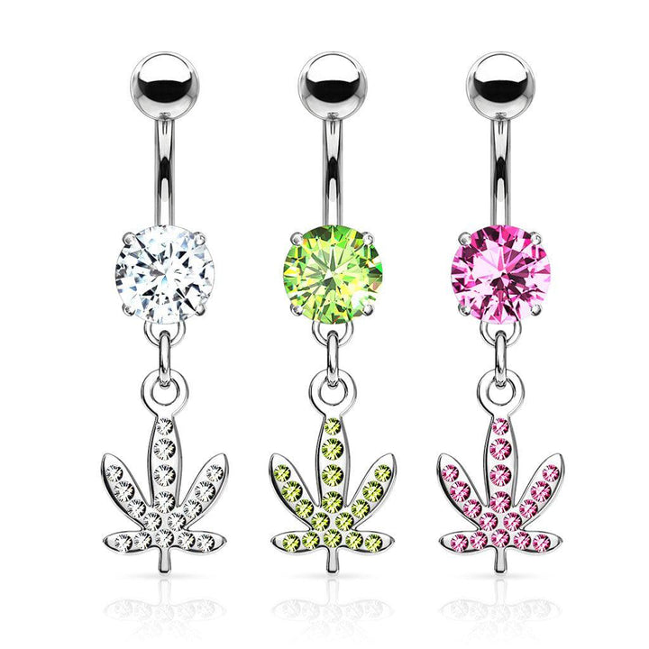 316L Surgical Steel Green CZ Weed Leaf Dangle Belly Ring - Pierced Universe