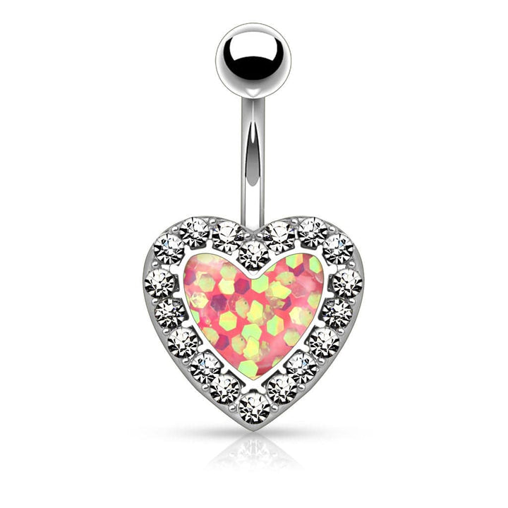 316L Surgical Steel Heart Paved Rim With Opal Glitter Center Belly Ring - Pierced Universe