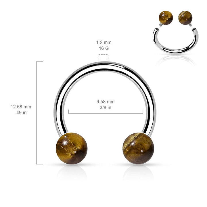 316L Surgical Steel Horseshoe With Internally Threaded Tiger's Eye Ball Ends - Pierced Universe