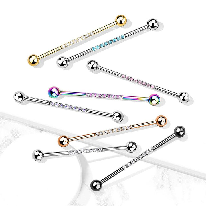 316L Surgical Steel Industrial Straight Barbell With Dainty Pink CZ Gems - Pierced Universe