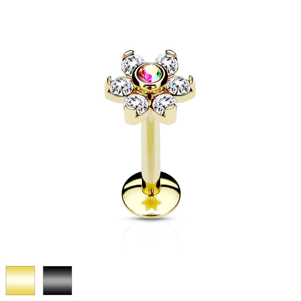 316L Surgical Steel Internally Threaded 6 Gem Flat Back CZ Flower Labret 316L Surgical Steel Internally Threaded 6 Gem Flat Back CZ Flower Labret