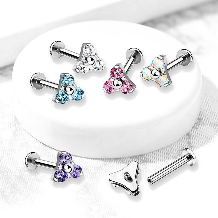 316L Surgical Steel Internally Threaded Aqua Triangle CZ Labret - Pierced Universe