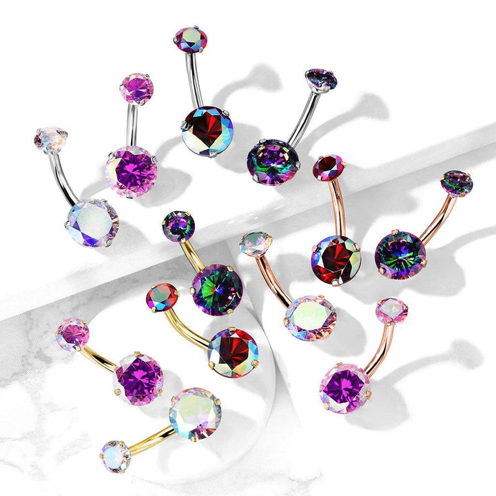 316L Surgical Steel Internally Threaded Belly Ring Aurora Borealis CZ Gems - Pierced Universe