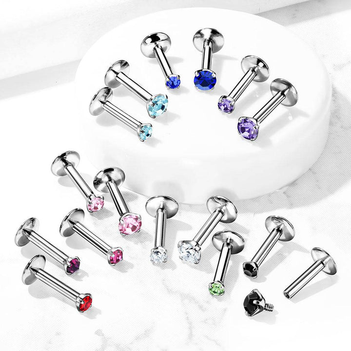 316L Surgical Steel Internally Threaded Black Circle Prong CZ Flat Back Labret Stud - Pierced Universe