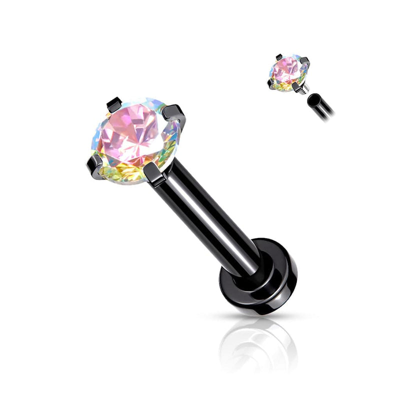 316L Surgical Steel Internally Threaded Black PVD Flat Back Labret Aurora Borealis CZ Gem - Pierced Universe