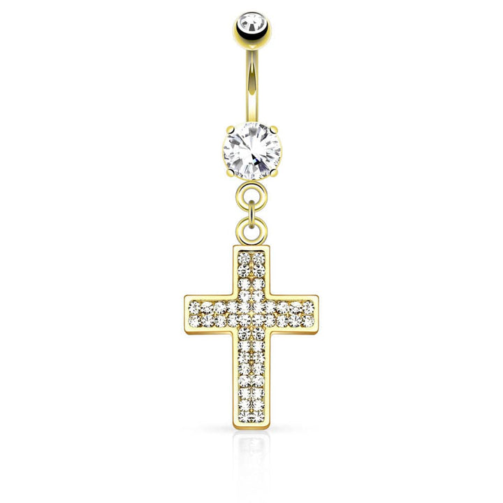 316L Surgical Steel Micro Paved CZ Jesus Crucifix Cross Dangle Belly Ring - Pierced Universe