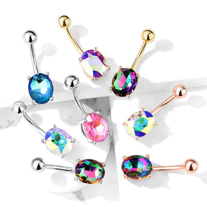 316L Surgical Steel Oval Blue AB Prong Belly Ring - Pierced Universe