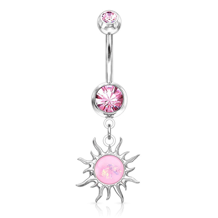 316L Surgical Steel Pink Glitter Opal Tribal Sun Belly Button Ring - Pierced Universe