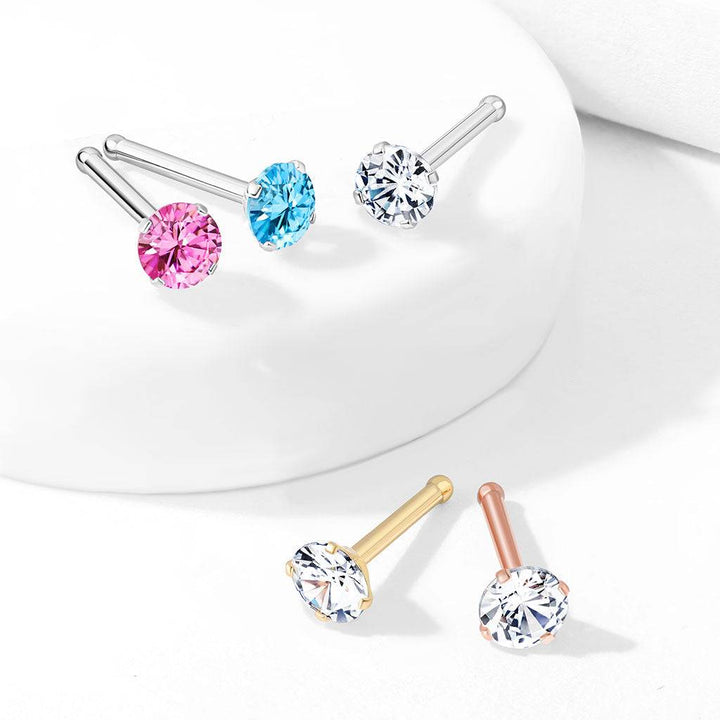 316L Surgical Steel Pink Round CZ Prong Gem Ball End Nose Ring Stud - Pierced Universe