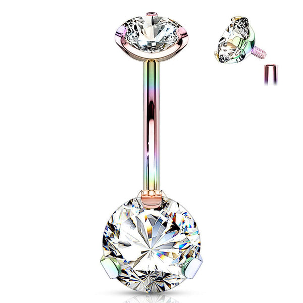 316L Surgical Steel Rainbow PVD Internally Threaded White CZ Belly Ring - Pierced Universe