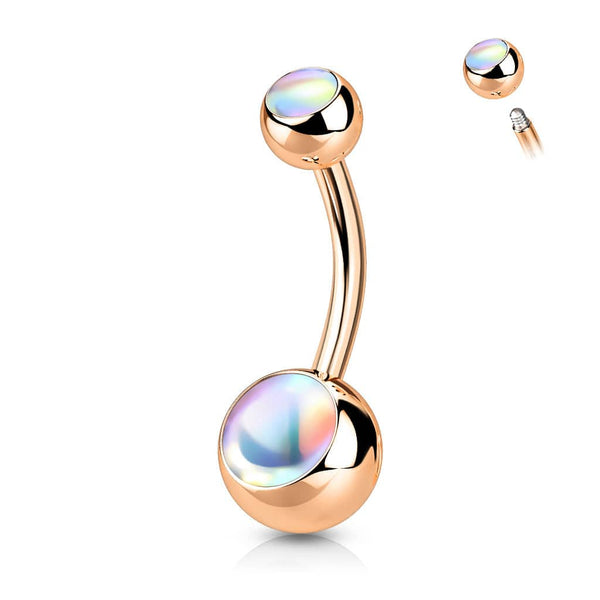 316L Surgical Steel Rose Gold PVD Basic White Iridescent Stone Belly Ring - Pierced Universe