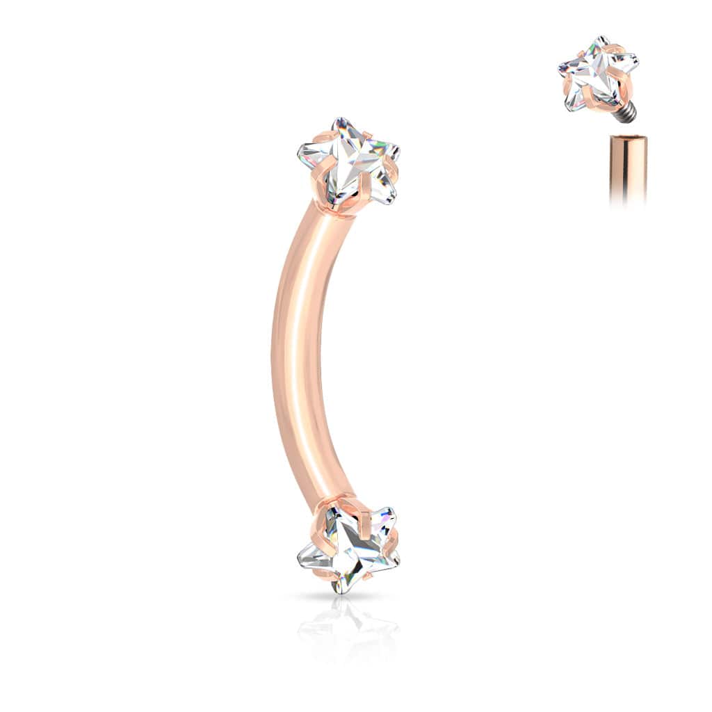 316L Surgical Steel Rose Gold PVD Internally Threaded Double White CZ Star Curved Barbell 316L Surgical Steel Rose Gold PVD Internally Threaded Double White CZ Star Curved Barbell