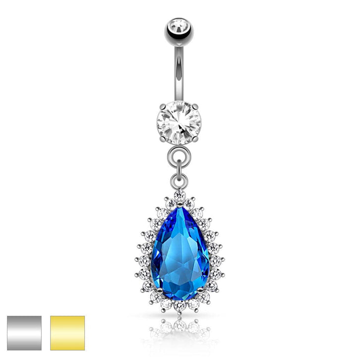 316L Surgical Steel Stunning Large Blue Teardrop Dangling Belly Ring - Pierced Universe