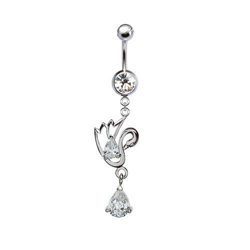 316L Surgical Steel Swan with Teardrop Gem CZ Dangle Belly Ring - Pierced Universe