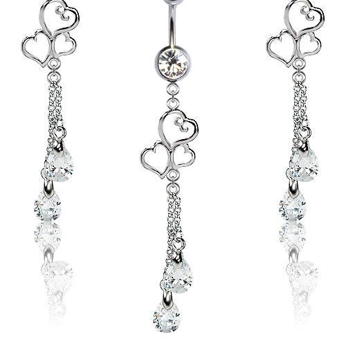 316L Surgical Steel Triple Heart Diamond CZ Dangle Belly Ring - Pierced Universe