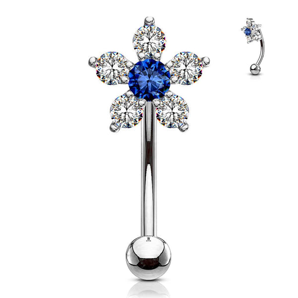 316L Surgical Steel White & Blue Flower Curved Barbell - Pierced Universe