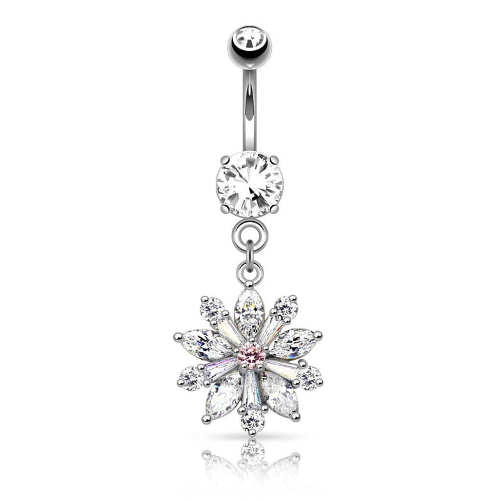 316L Surgical Steel White CZ Cut Snowflake Dangle Belly Button Navel Ring - Pierced Universe