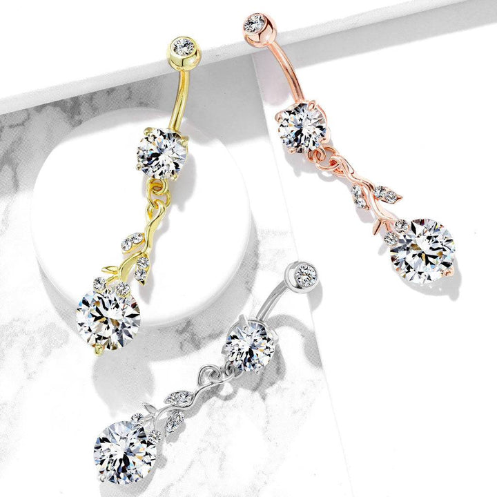 316L Surgical Steel White CZ Vine Dangle Belly Ring - Pierced Universe