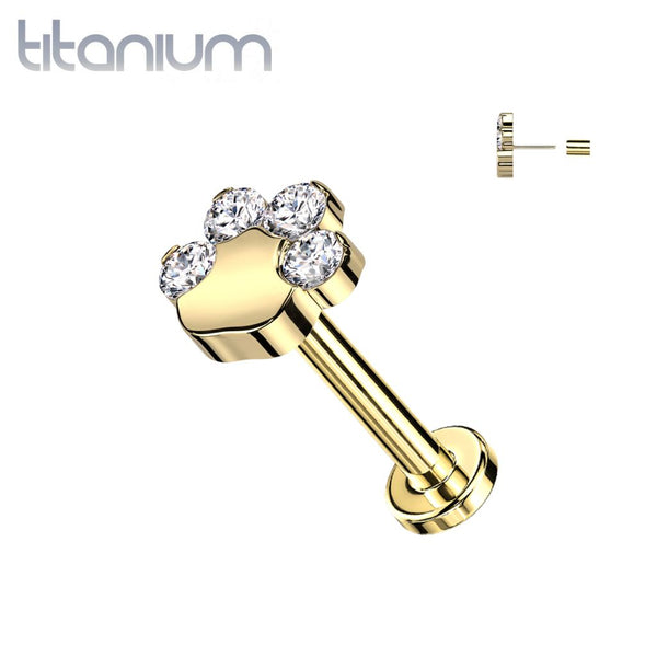 Implant Grade Titanium Gold PVD Paw Print White CZ Threadless Push In Labret - Pierced Universe