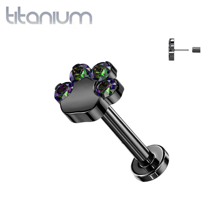 Titanium Black PVD Paw Print Vitrail Medium CZ Threadless Push In Labret - Pierced Universe