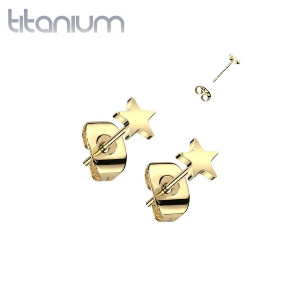 Pair of Implant Grade Titanium Gold PVD Simple Dainty Star Shaped Stud Earrings - Pierced Universe