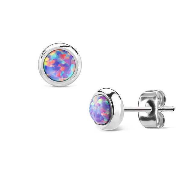 6mm Bezel Purple Opal Surgical Steel Stud Earrings - Pierced Universe