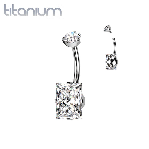 Implant Grade Titanium White CZ Squared Gem Belly Ring - Pierced Universe