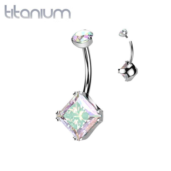 Implant Grade Titanium Aurora Borealis CZ Simple Square Gem Belly Ring - Pierced Universe